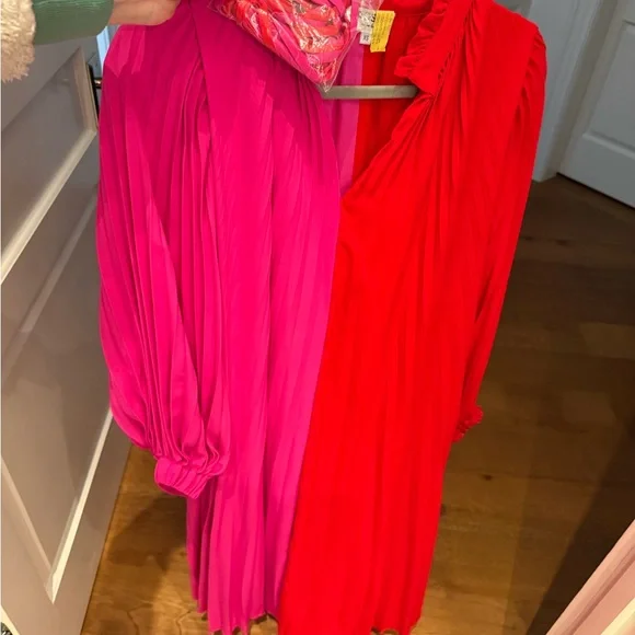 CROSBY by Mollie Burch Vibrant Pink and Red Pleated Belted Valentines Midi Dress - Picture 6 of 6